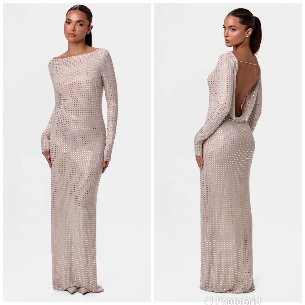 Naked Wardrobe CRYSTAL OPEN BACK GOWN in Bone New with Tags!